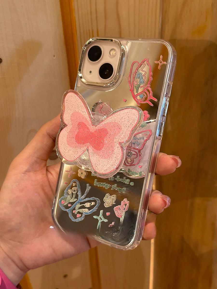 Mirror Glitter Powder Butterfly  with Holder   Phone Case for  Iphone15 14 13 12 11 Promax Shockproof Luxury Beautiful  Cover