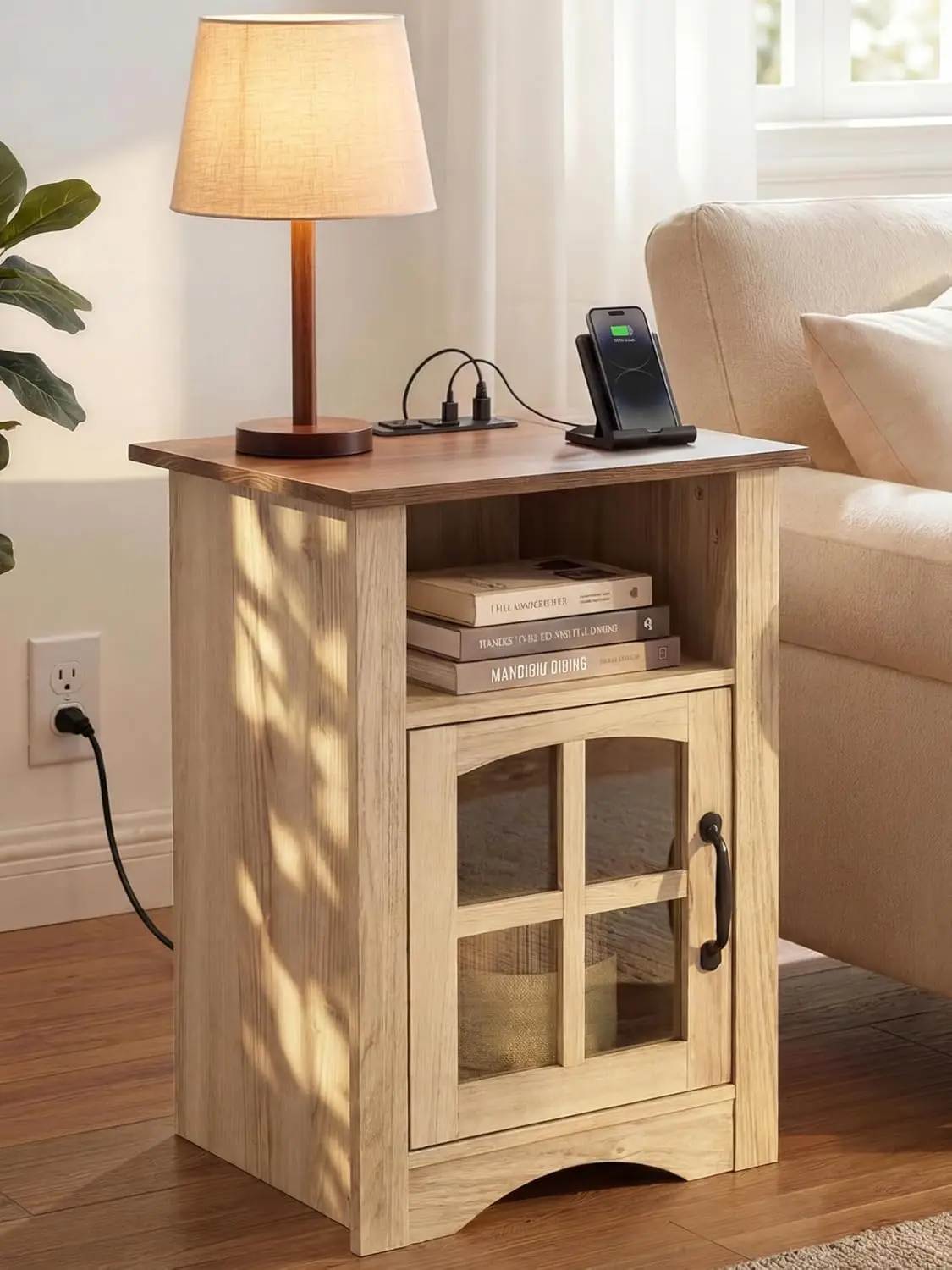

Farmhouse End Table Charging Station LED Night Stand Open Shelf Glass Door Living Room Bedroom Oak Brown, Customized