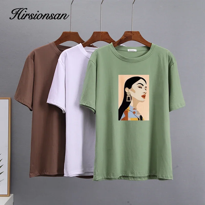 Hirsionsan Chic Cotton Printed T Shirts Women Summer Loose Casual Tees Oversized Aesthetic Graphic Clothes Loose Female Tops