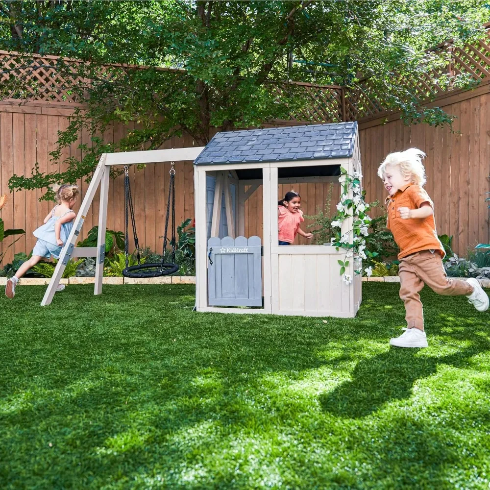 Playhouse, Swing Wooden Outdoor Playhouse with Web Swing and Play Kitchen Includes UV and Mold Protection, Kids Playhouses