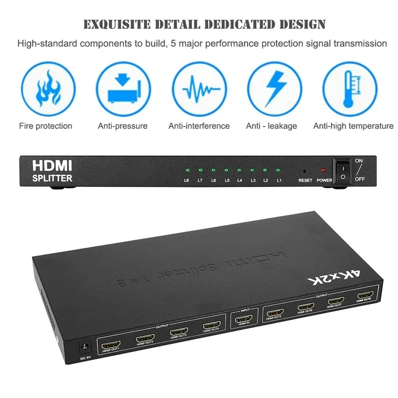 8 Port HDMI Splitter 1x8 4K 30Hz HDMI Video Splitter 1 In 8 out HDMI Distributor Amplifier 8 HDMI Display Duplicate for PC HDTV