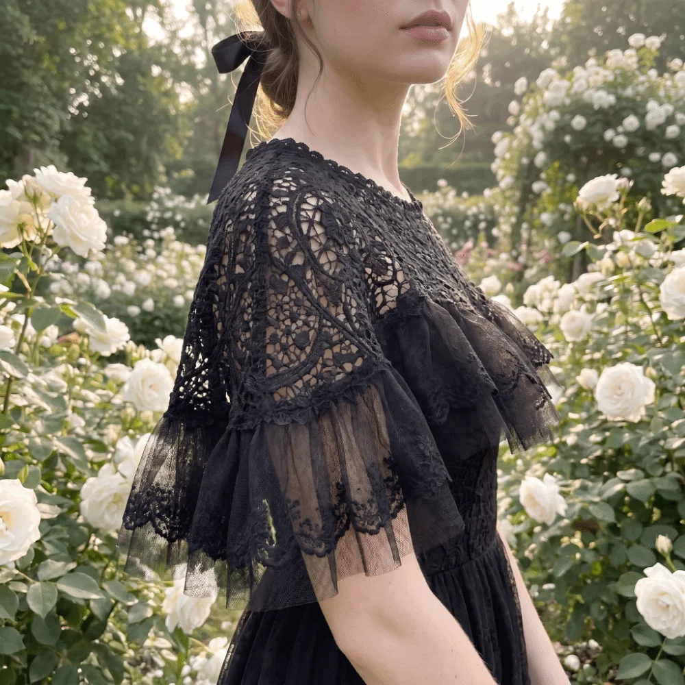 

New Vintage Cheongsam Crochet Tippet Mesh Trim Lace Hollow-Out Shawl Polyester Black Shawl Cape Coat Parties