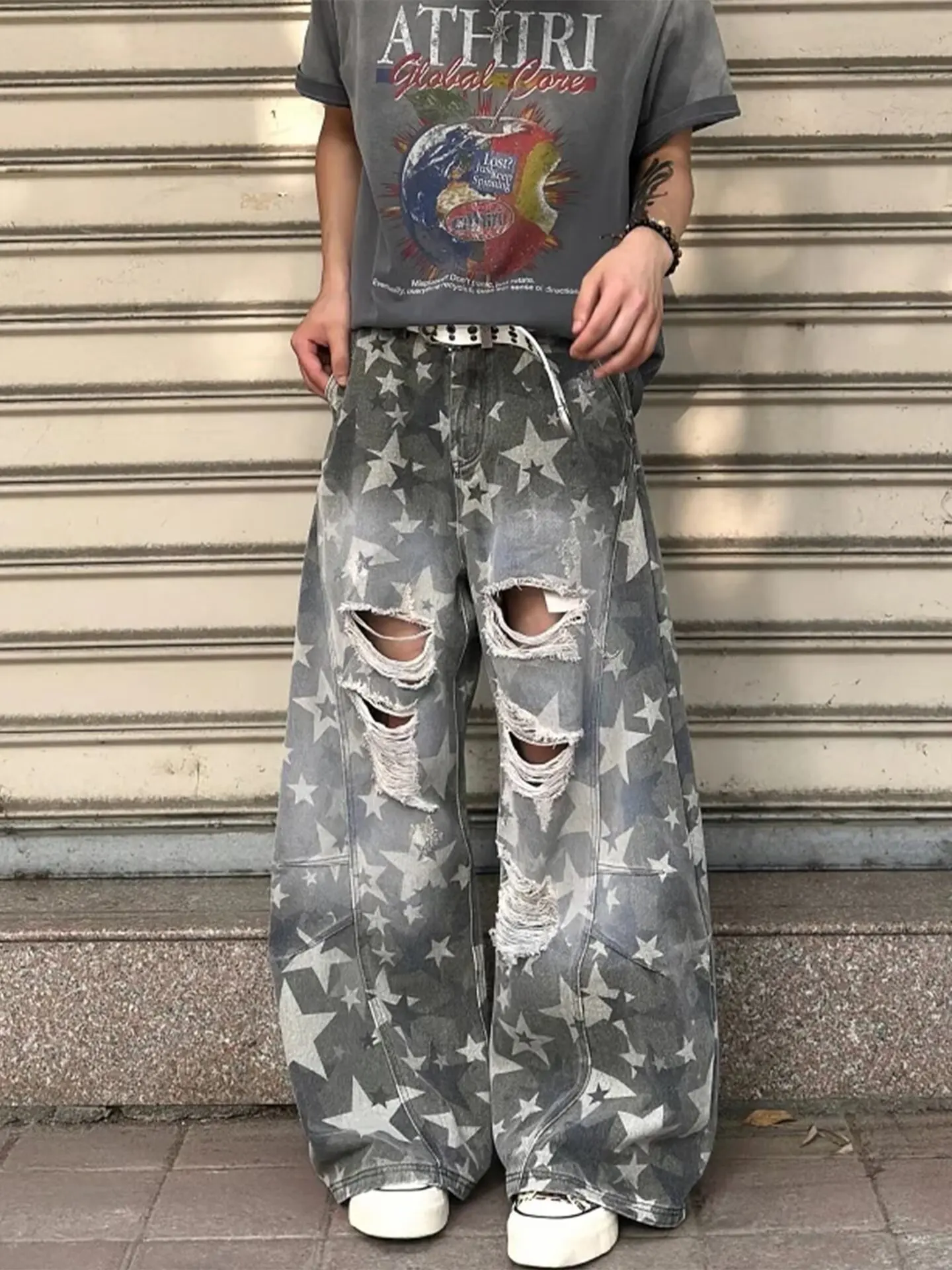 

Women's Jeans American Retro Street Star Print Ripped Pants Y2K Street Punk Old Harajuku Loose Casual High Waist Wide Leg Jeans