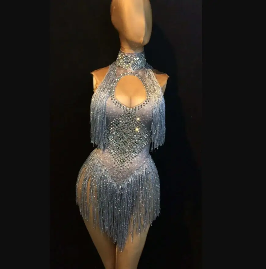 Stretch Rhinestones Bodysuit Nightclub Dance DS Show Stage Wear Party Female Singer Outfit Girl clothing Sparkly