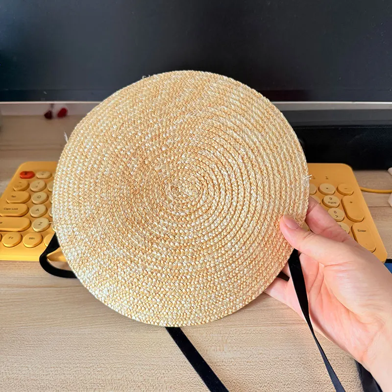 New One Piece French Elegant Strap Natural Straw Fadora Hat For Woman Summer Vintage Photo Runway Vacation Hat With Black Ribbon