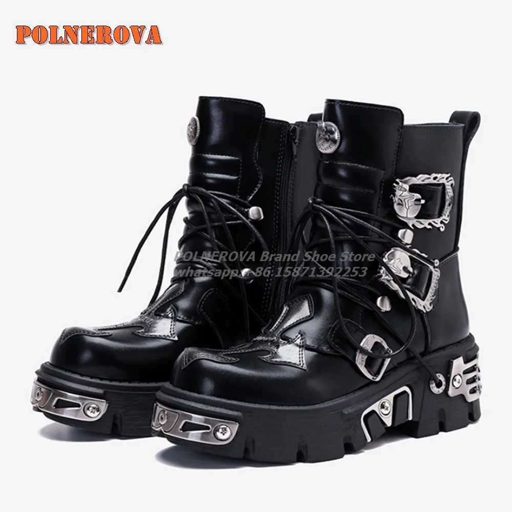 

Metal Decoration Buckle Strap Punk Motorcycle Boots Round Toe Tank Sole Side Zipper Lace Up Patchwork Couple Shoes 2024 Winter