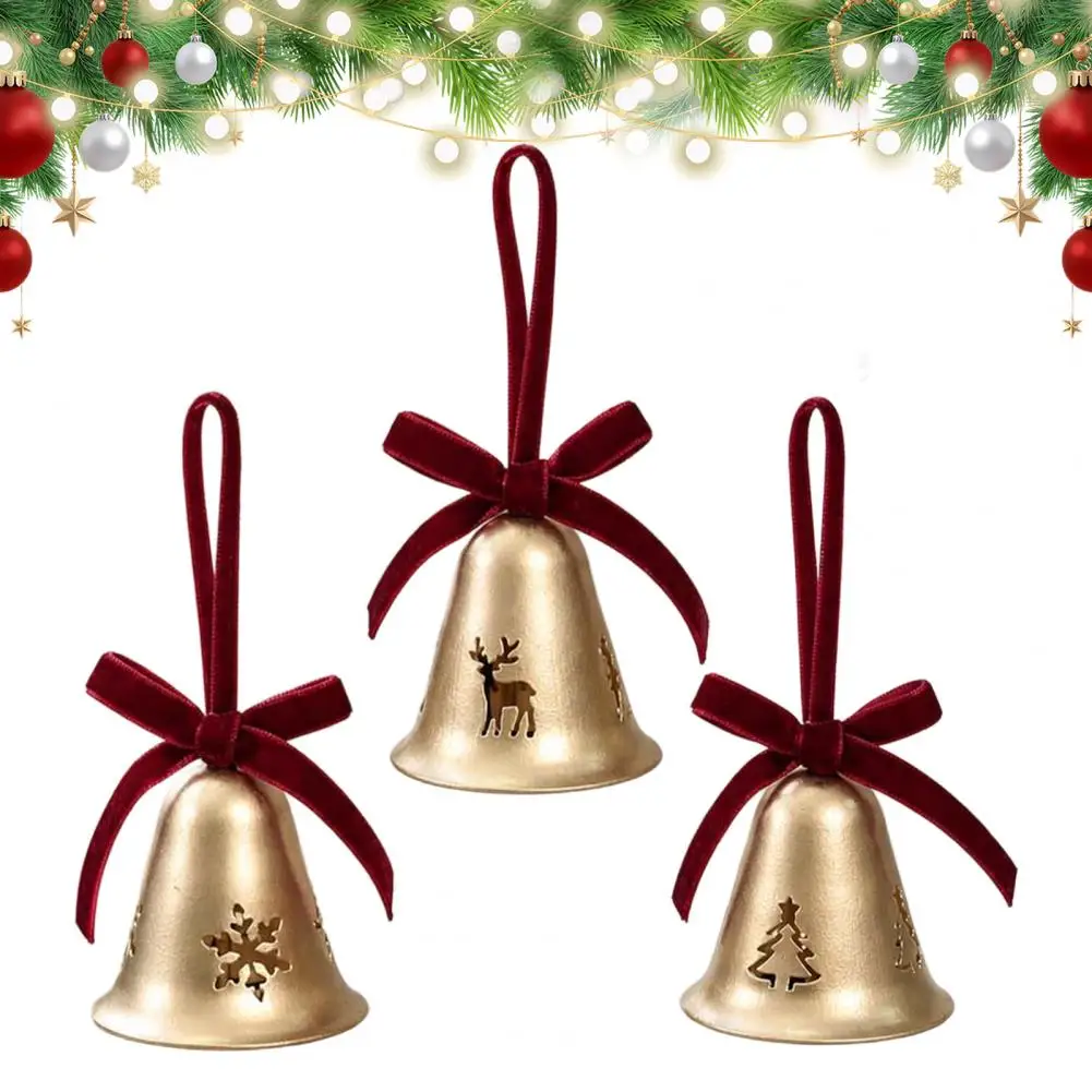 Hanging Metal Bells Holiday Home Decoration 3 Pcs Christmas Bell Ornaments with Burgundy Velvet Ribbon Bows Rustic for Holiday