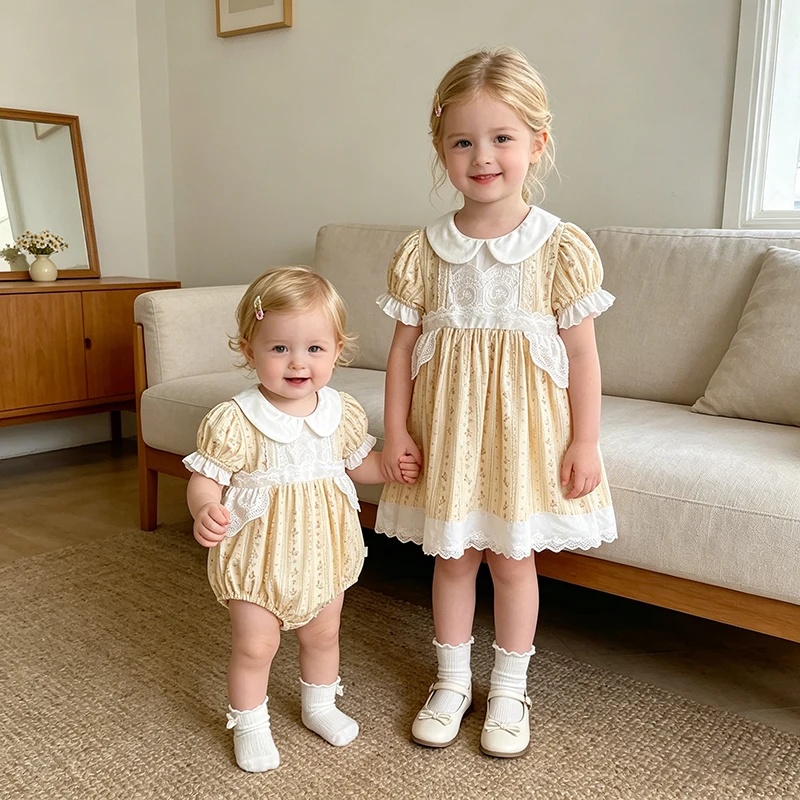 2026 Sommer Neu Baby 0-24M Mädchen Prinzessinnen-Strampler Mädchen 2-6 Jahre Kurzarm-Kleid mit Spitzenbesatz Blumen-Schwesterkleid