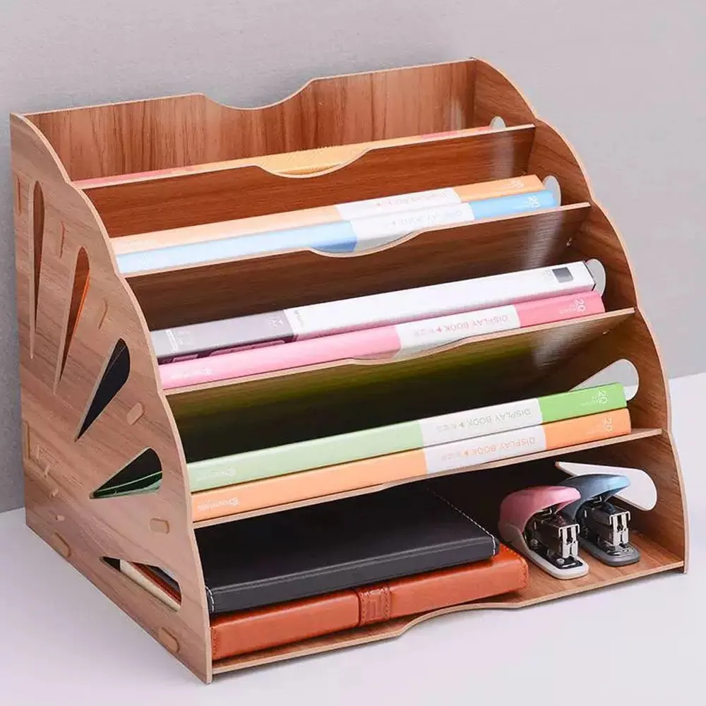 Wooden File Organizer, 5-Layer Snap-On Design, desktop Fan-Shaped Storage Rack, Assembleable Dividers, Brown