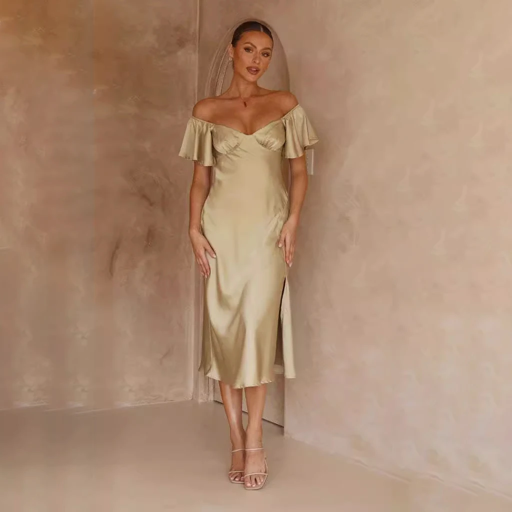 FIGOHR – robe longue en Satin pour femmes, élégante, épaules dénudées, Style français, manches beurre, fente latérale, 3 couleurs, été