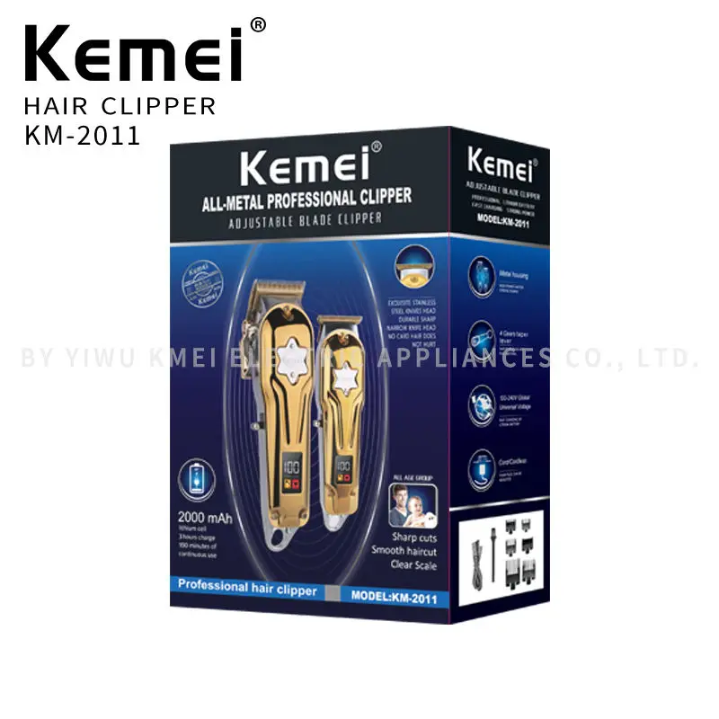 Kemei KM-2011 USB Charging Electric Trimmer Hair Clipper New Men's Two-Piece Suit LED Display Metal Barber Shop Accessories