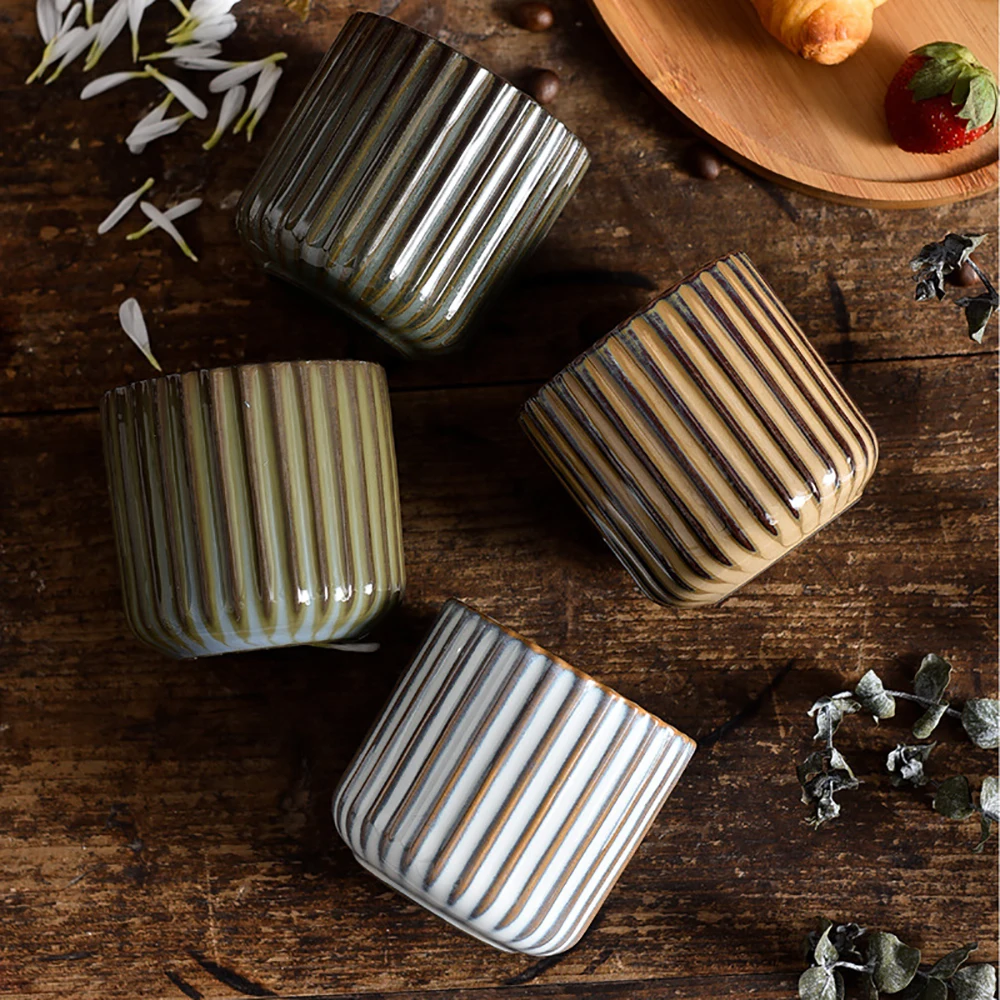 Vertical Striped Ceramic Exquisite Teacup 180ml Small Sake Sushi Sake Coffee Mug Family Restaurant Dinnerware Wholesale Cups