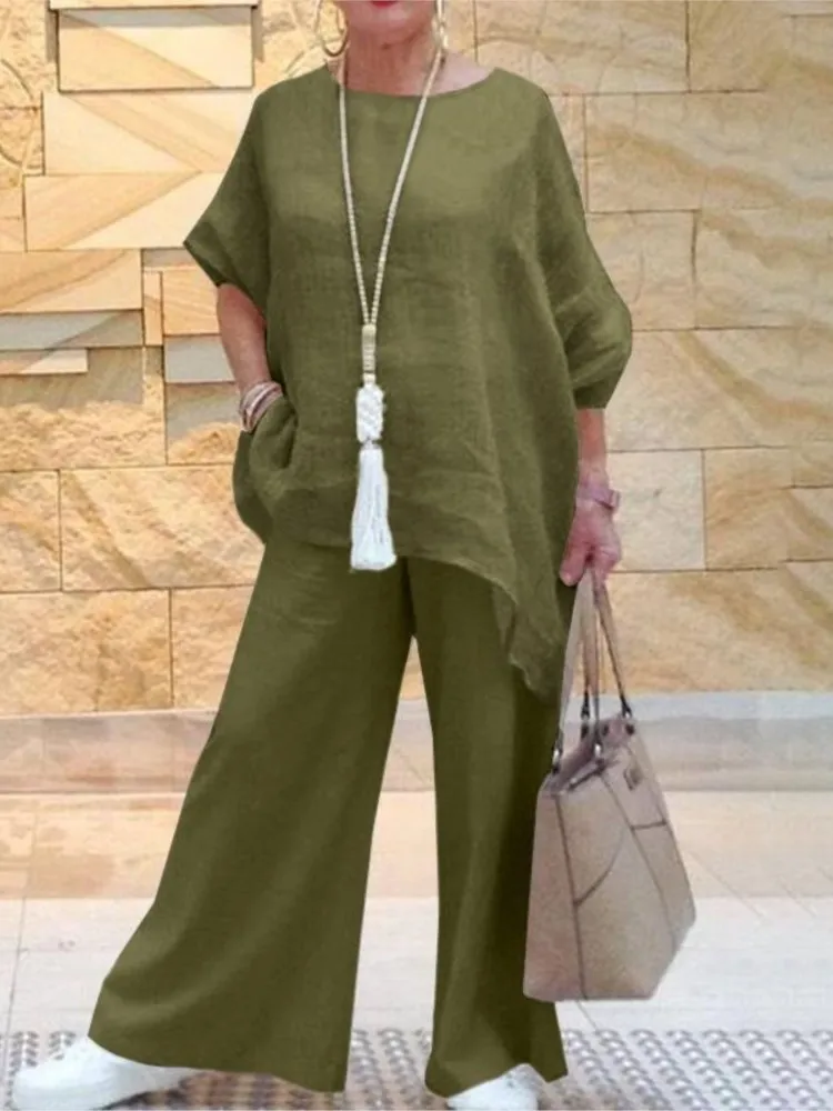 Loose Linen And Cotton Women Clothing Irregular Long Sleeved Top And Wide Leg Pants Elegant, 2-piece Set Spring And Autumn, 2024