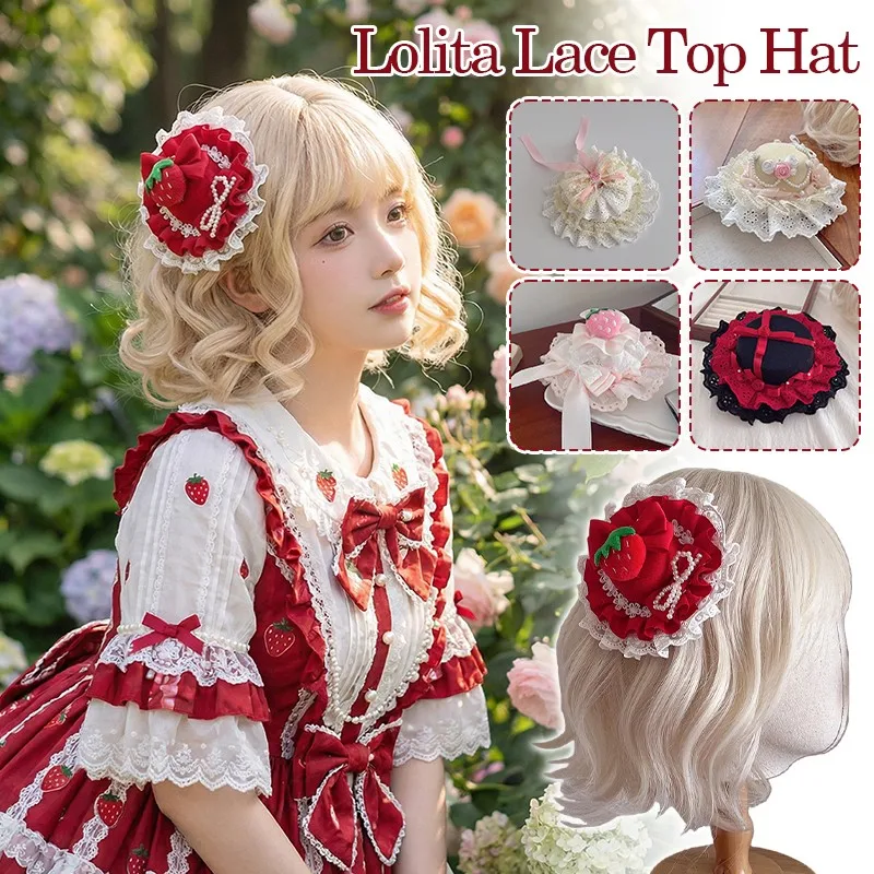 Handmade Lolita Strawberry Cake Top Hat Lace Bow Women Hat Tea Party Classic Hair Clip Hat Princess Hairpin Birthday Photo Prop