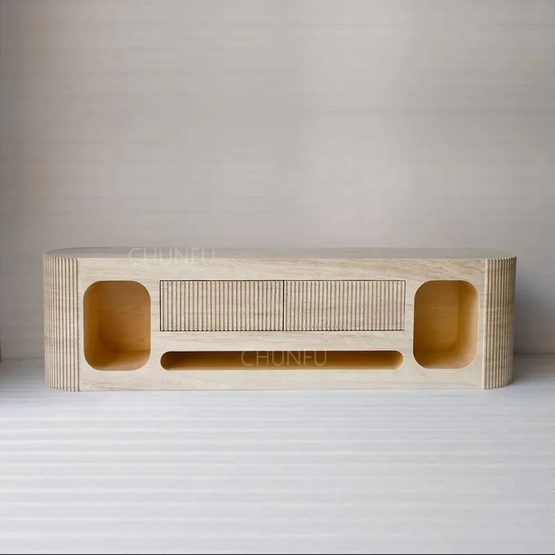 Modern Living Room Extendable Handmade TV Stand Beige Travertine Solid Wood TV Stand Bedroom Use