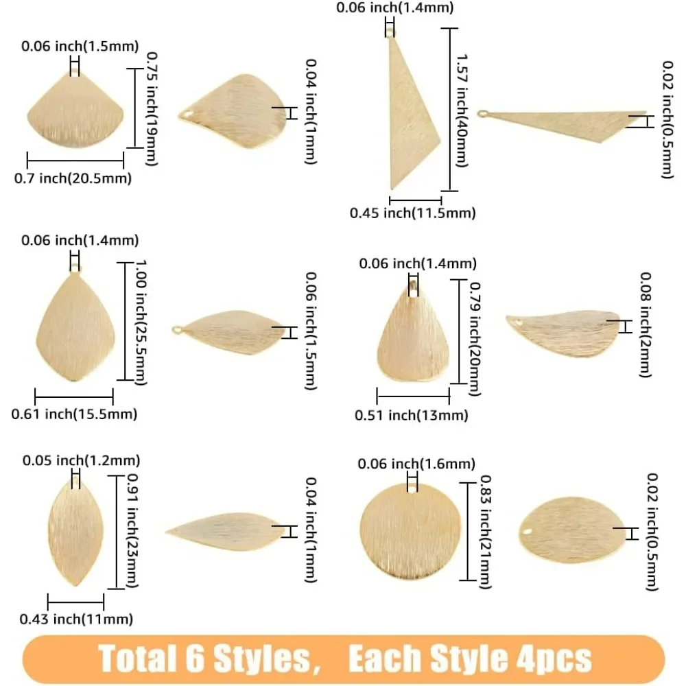 24Pcs 6 Styles Brass Stamping Blank Tag Charms Real 24K Gold Plated Fan Leaf Metal Stamps Tags Triangle Teardrop Blanks Pendants