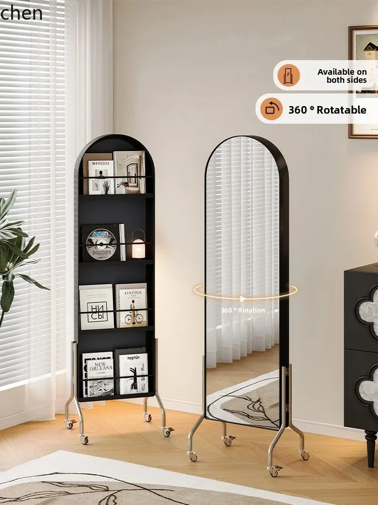 Retro Style Living Room Rotating Bookshelf Floor-standing Movable Full-length Mirror Magazine Rack Storage Cabinet Integrated