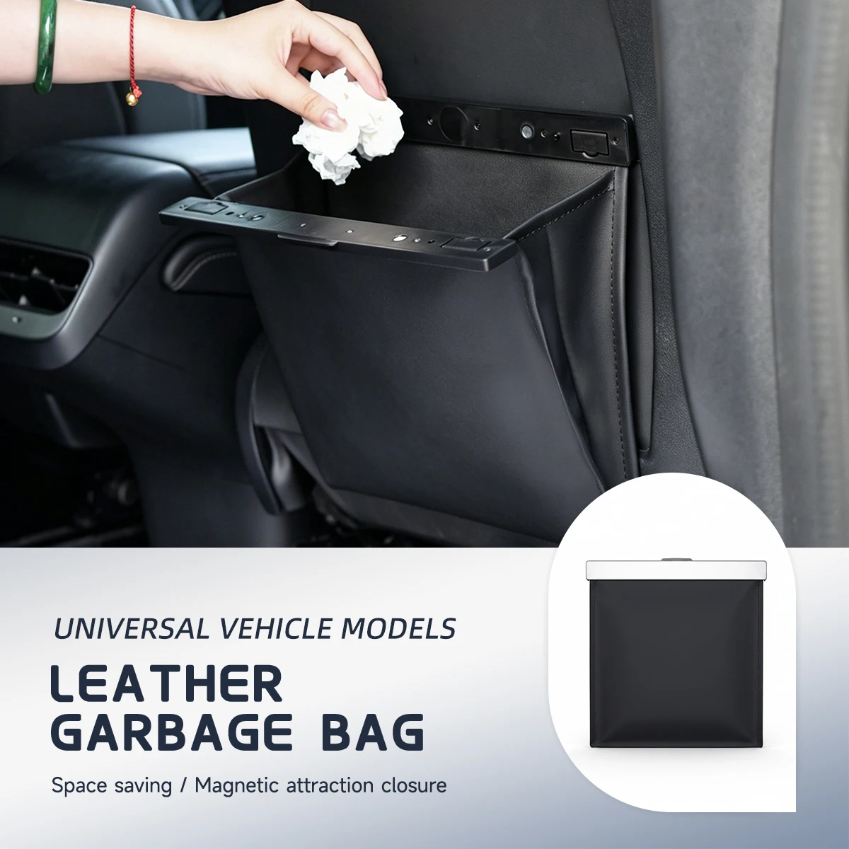 Magnetic Adsorption Car Seat Back Garbage Bag PU Leather Clip-On Hanging Storage Organizer Trash Can Car Interior Accessories