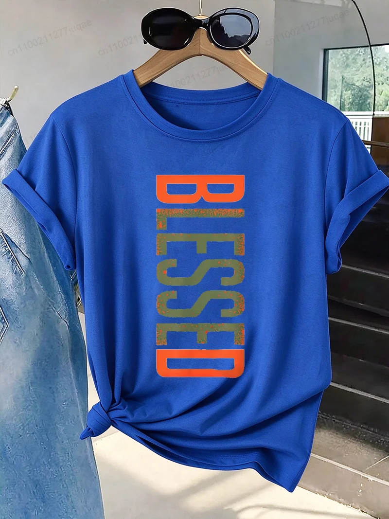 Women's BLESSED Printed T-Shirt Casual Short Sleeve Tops Casual Wear Inspirational Faith Tshirt
