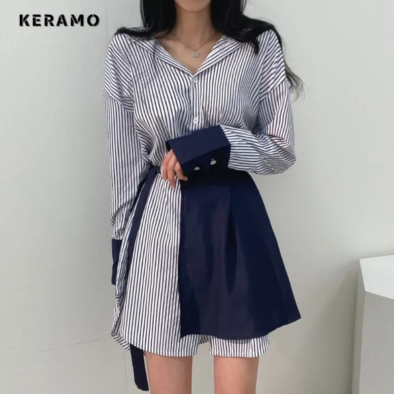 2025 Spring Lady Sexy Long Sleeve Turn-Down Collar Mini Shirt Dresses Women's Elegant Striped Patchwork Hotsweet Blouse Dress