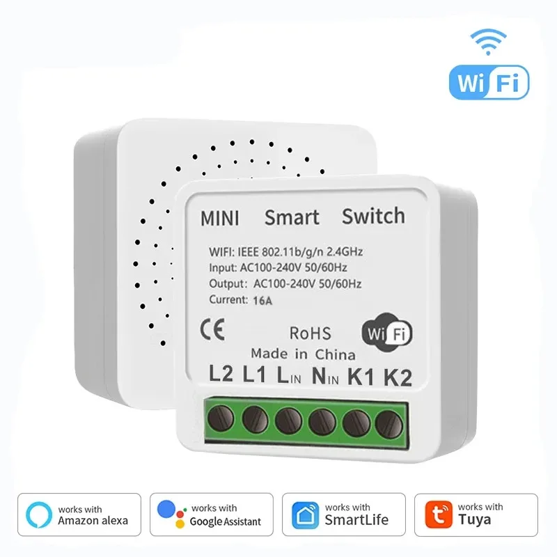 Tuya WiFi Smart Switch Mini DIY Neutral Wire 2 Ways Timer Wireless Breaker for Alexa Google Home