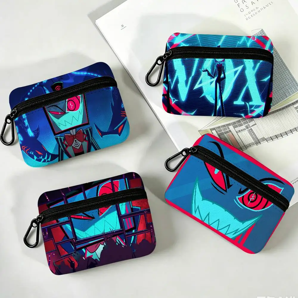 Vox Hazbin Hotel Anime Portable Oxford Cloth Coin Purse Alloy Carabiner Hook Small Zipper Pouch For Backpack Belt Daily
