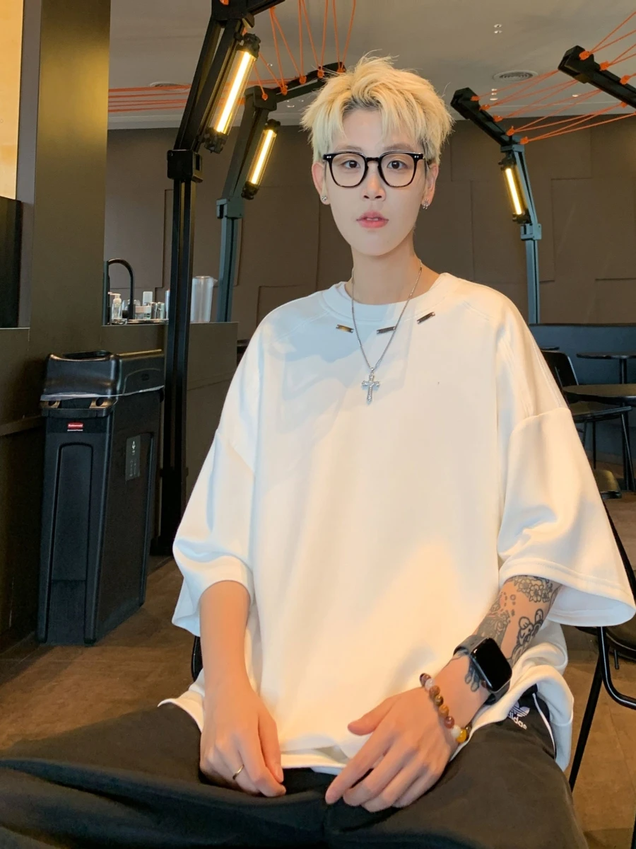 

American Sle ort Sve T-irt Men Summer Loose round Ne Versatile Body Casual f Sve Top Ci Walk Polyester Fiber