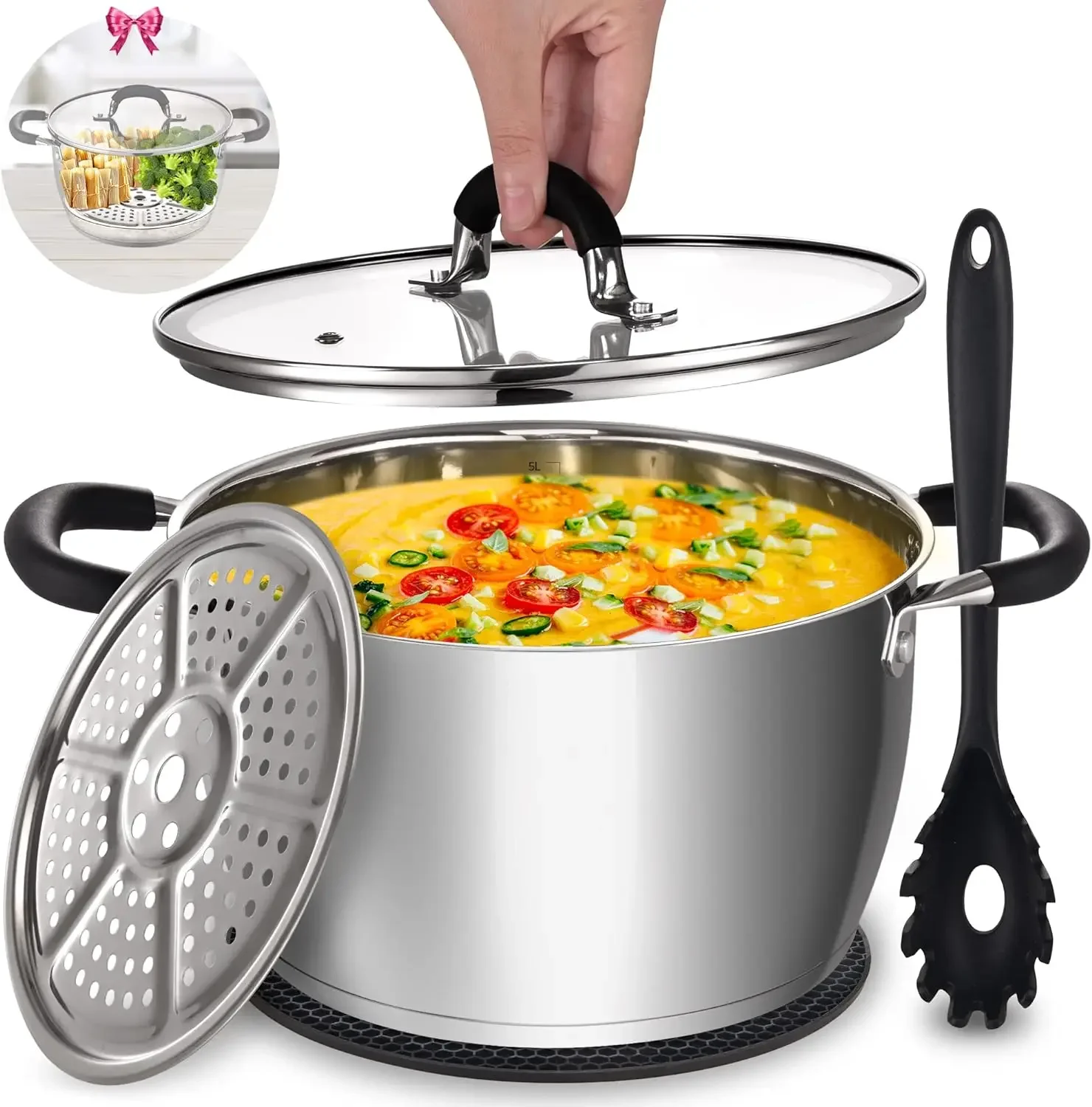 

AOSION 6 Quart Stainless Steel Stockpot, All-In-One 6QT Stock Pot, Soup Pasta Pot with Lid, Cooking Pot, Induction Pot,