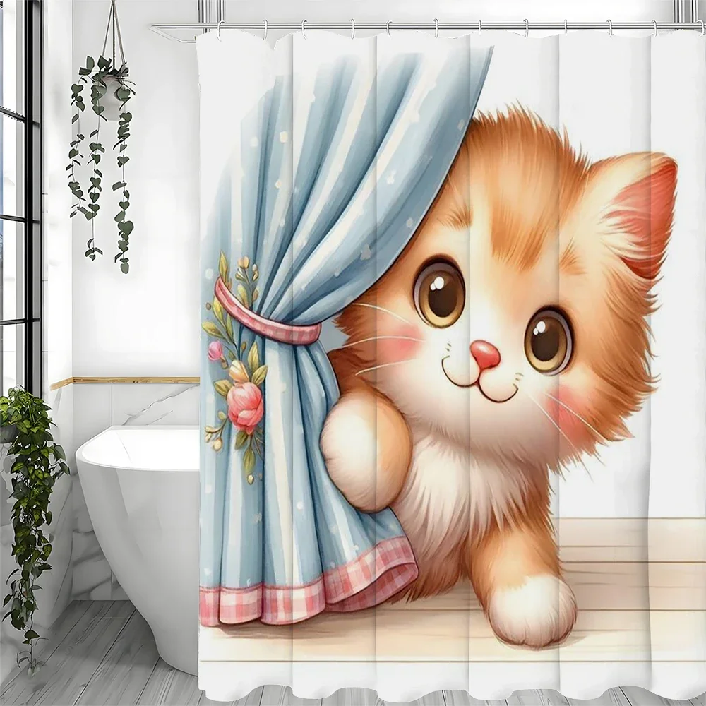 

Занавеска для душа с милым котом, декоративная занавеска для душа для ванной комнаты, водонепроницаемая занавеска для душа с крючками