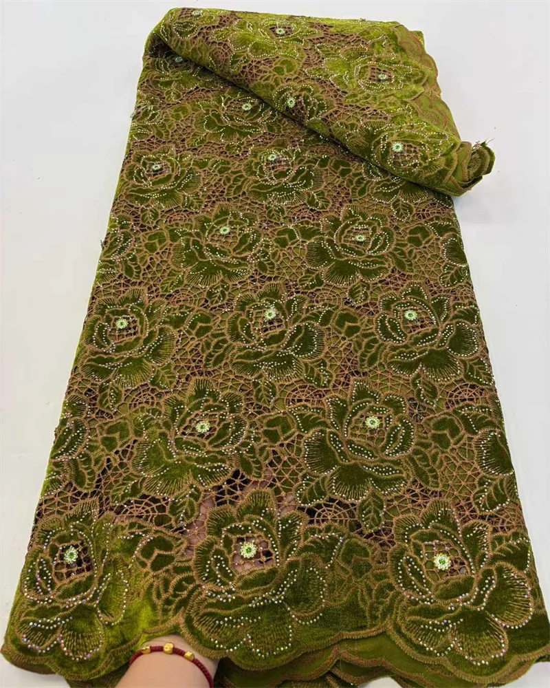 African Lace Fabri  High Quality Goose velvet    Embroidery Rhinestone Linen Prom Dresses Tulle Design 5 Yards