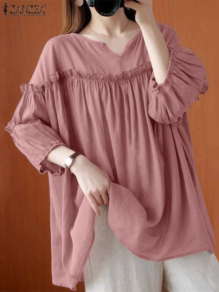 2025 ZANZEA Vintage Women V Neck 3/4 Sleeve Shirt Spring Summer Ruffles Hem Blusas Solid Blouse Casual Loose Holiday Tops Tunic