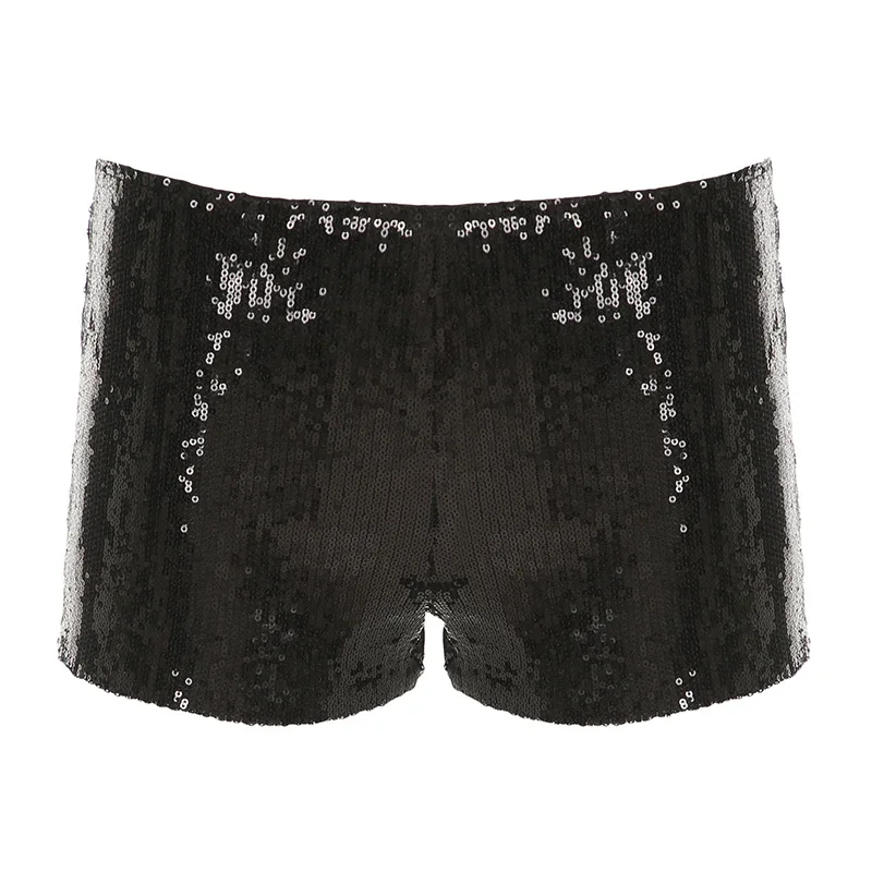 Damesmode Zwarte pailletten Lage taille Heupomslag Elastische hotpants Slanke dansen Gepersonaliseerde kort