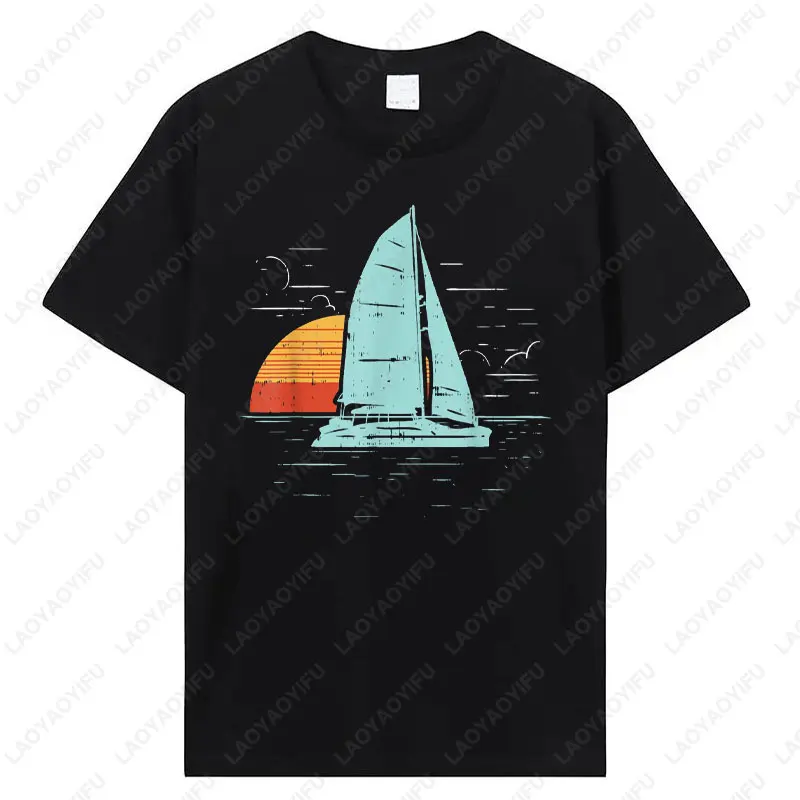 Trendy Sailboat Sunset Retro Boating Vacation Boat Sailor Gift T-Shirt Unisex Vintage Fashion Tshirt Male Cotton Breathable Tee