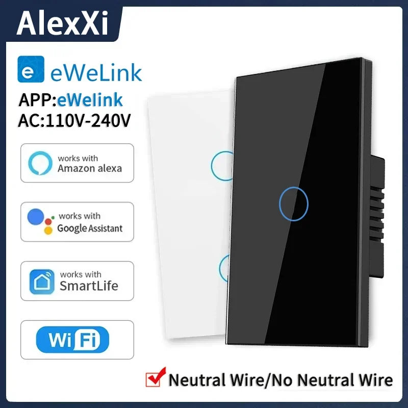 EWelink US WiFi Smart Wall Switch 1/2/3/4 Gang No Neutral Wire Touch Sensor LED Light Switches Smart Home Alexa Google Home