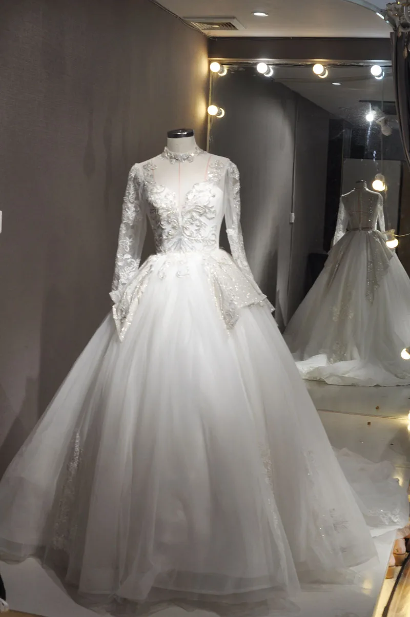 

Ele Long Sve V-Ne Wedding Dr Heavy Embroidery Train Korean Sle Net Fabric Floral Detail Slized for plus Size