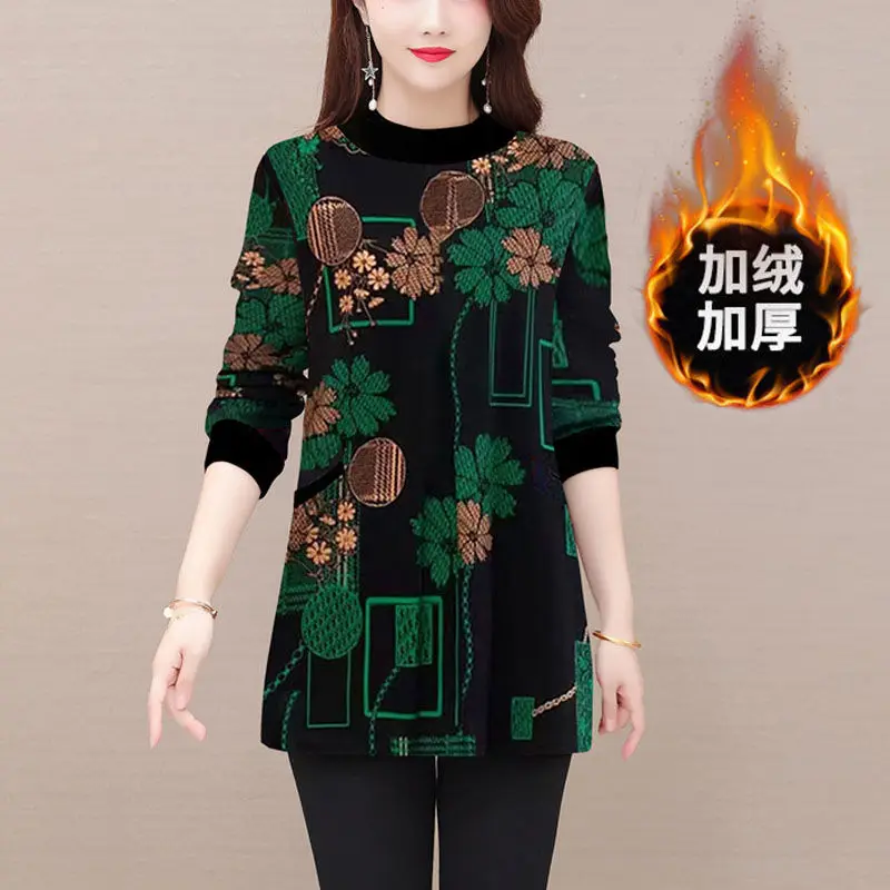 Women Winter Korean New Half High Collar Pullover Commuting Fashion Printing Pocket Splicing T-shirt Thickened Medium Long Tops