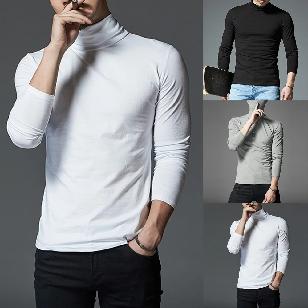 Fashion Classic Men's Casual Slim Turtleneck Long Sleeve Tops Pullover T-Shirt Solid Color Thin Underlay Fitness Base T-shirt