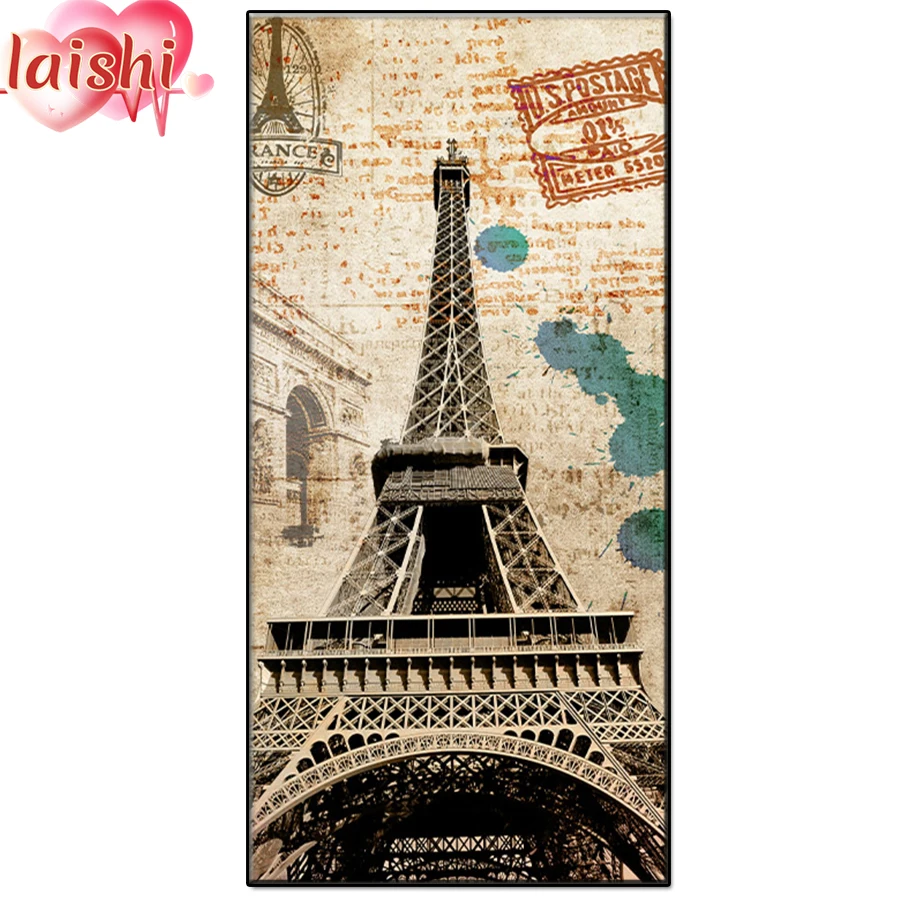 DIY Vintage postcard art, Eiffel Tower Diamond Painting Diamond Embroidery Cross Stitch Full Round Drill Mosaic Art Home Decor