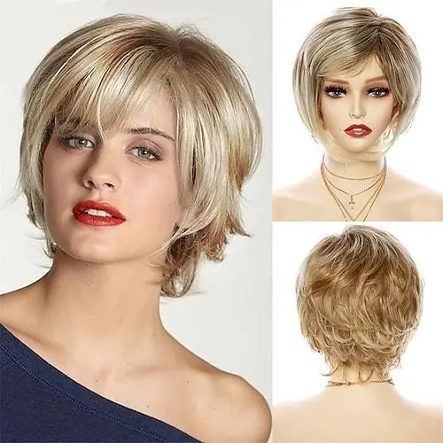 

Short Wave With Bangs Dark Roots Ombre Blonde Synthetic Christmas Wigs