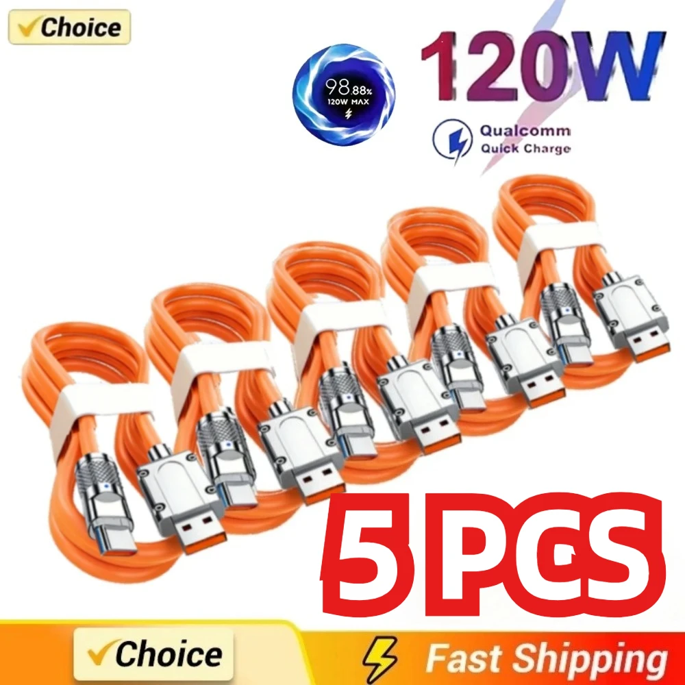 5PCS 120W Super Fast Charge Type-C Cable Liquid Silicone USB C Cord Charging Lines for Xiaomi Huawei Samsung Phone Data Transfer