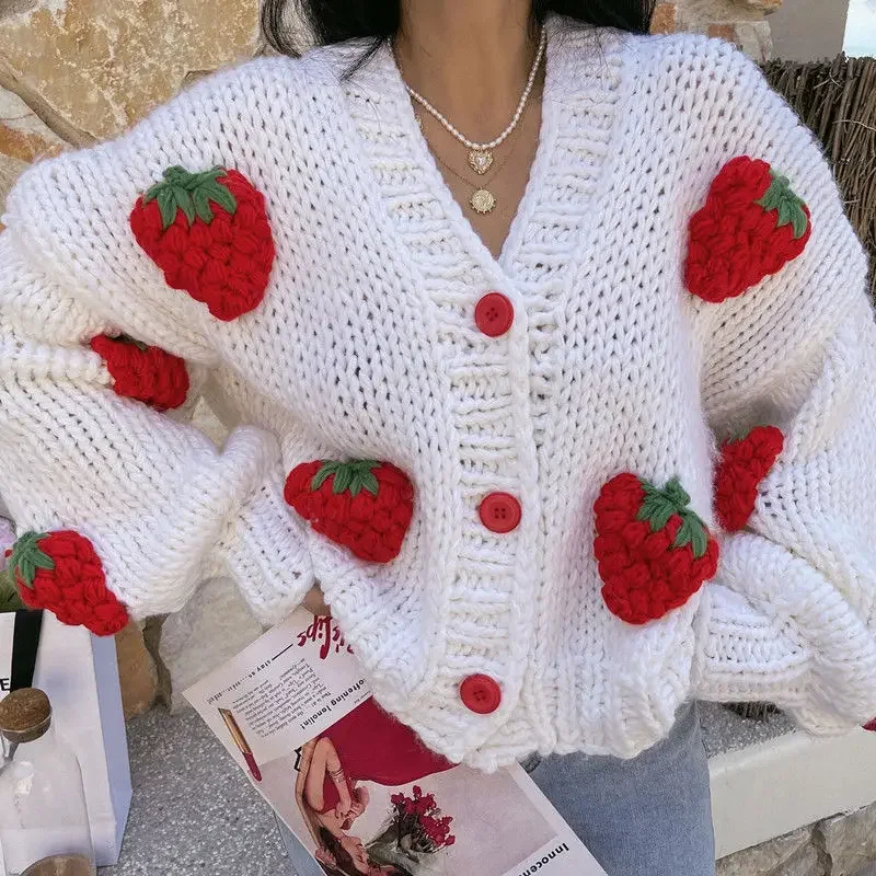 Large Size Women Sweater 2021 Spring Autumn Puff Sleeve Strawberry Sweet Full Cardigans Loose Girls Sweater Euro-America Style