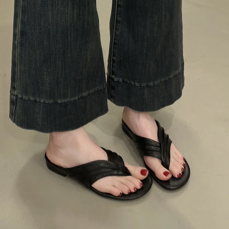 Nuevas Sandalias de Verano de Lujo con Punta Redonda y Abierta para Mujer, Chanclas Cómodas de PU, Zapatos Casuales para Caminar al Aire Libre, Zapatillas de Mujer