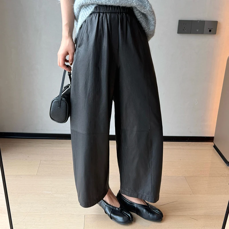 Genuine Leather Wide Leg Pants Woman Spring Autumn Versatile Loose Elastic Waist Ankle Length Casual Curved Leg Trousers Soft