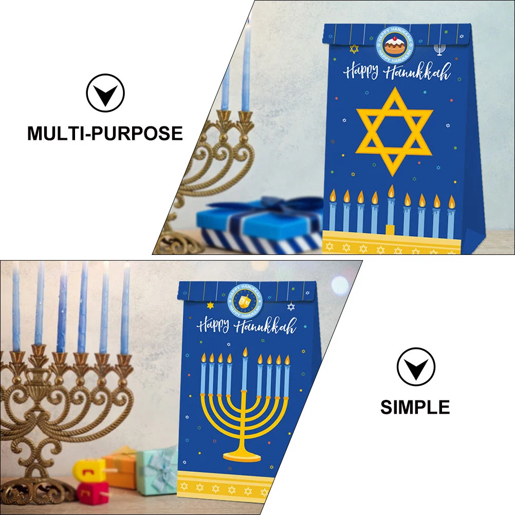 12 Pcs Hanukkah Jewish New Year Holiday Gift Bag Nine-headed Menorah Pattern Birthday Candy 12pcs Party Supply Paper Adorable