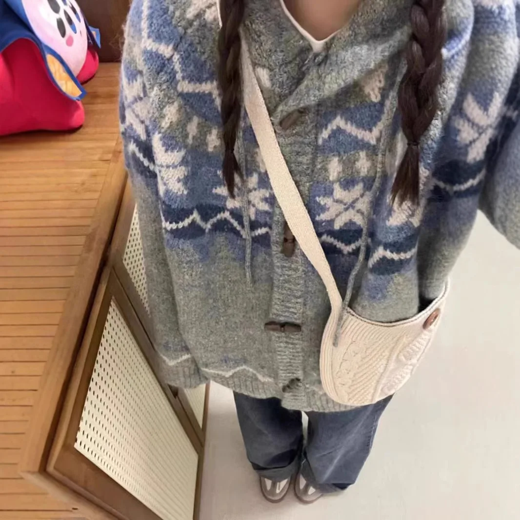 

American Vintage Cardigan Mohair Fair Isle Toggle Button Plush Winter Coatigan