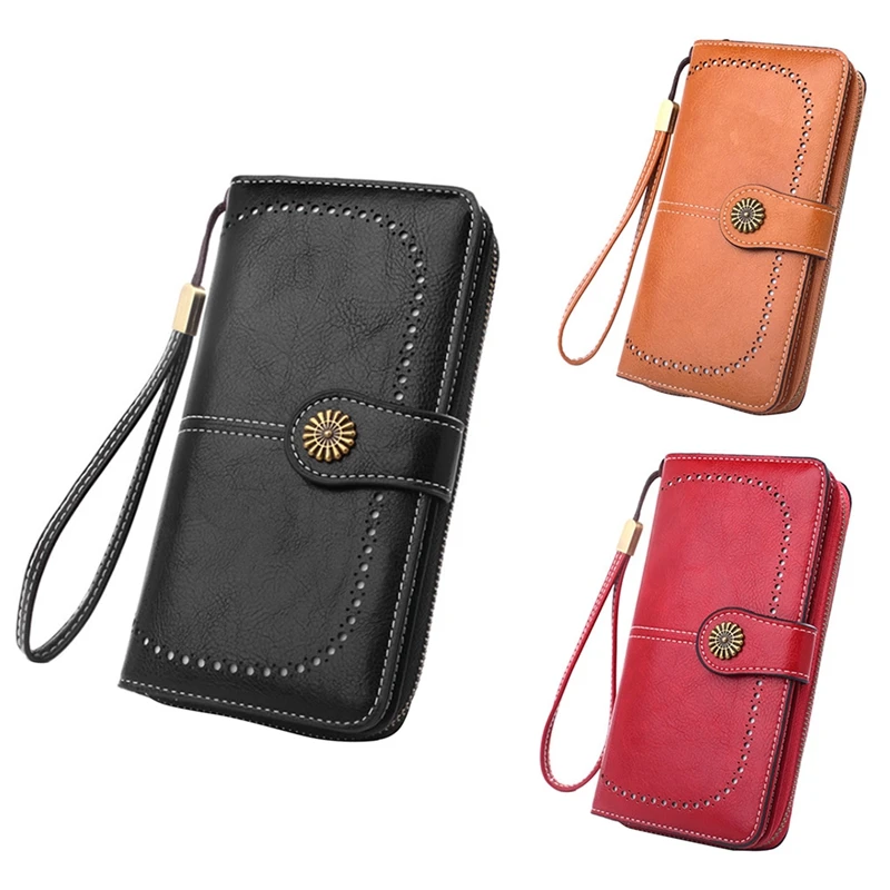 

Skin Leather Women's Long Wallet Hollow Out Buckle Wallets Credit Card Clutch Purse Card Bag Luxury Clutch Purses