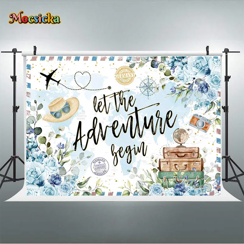 Petualangan menunggu latar belakang dunia perjalanan pesawat udara panas balon Baby Shower latar belakang bayi baru lahir pesta spanduk dekorasi