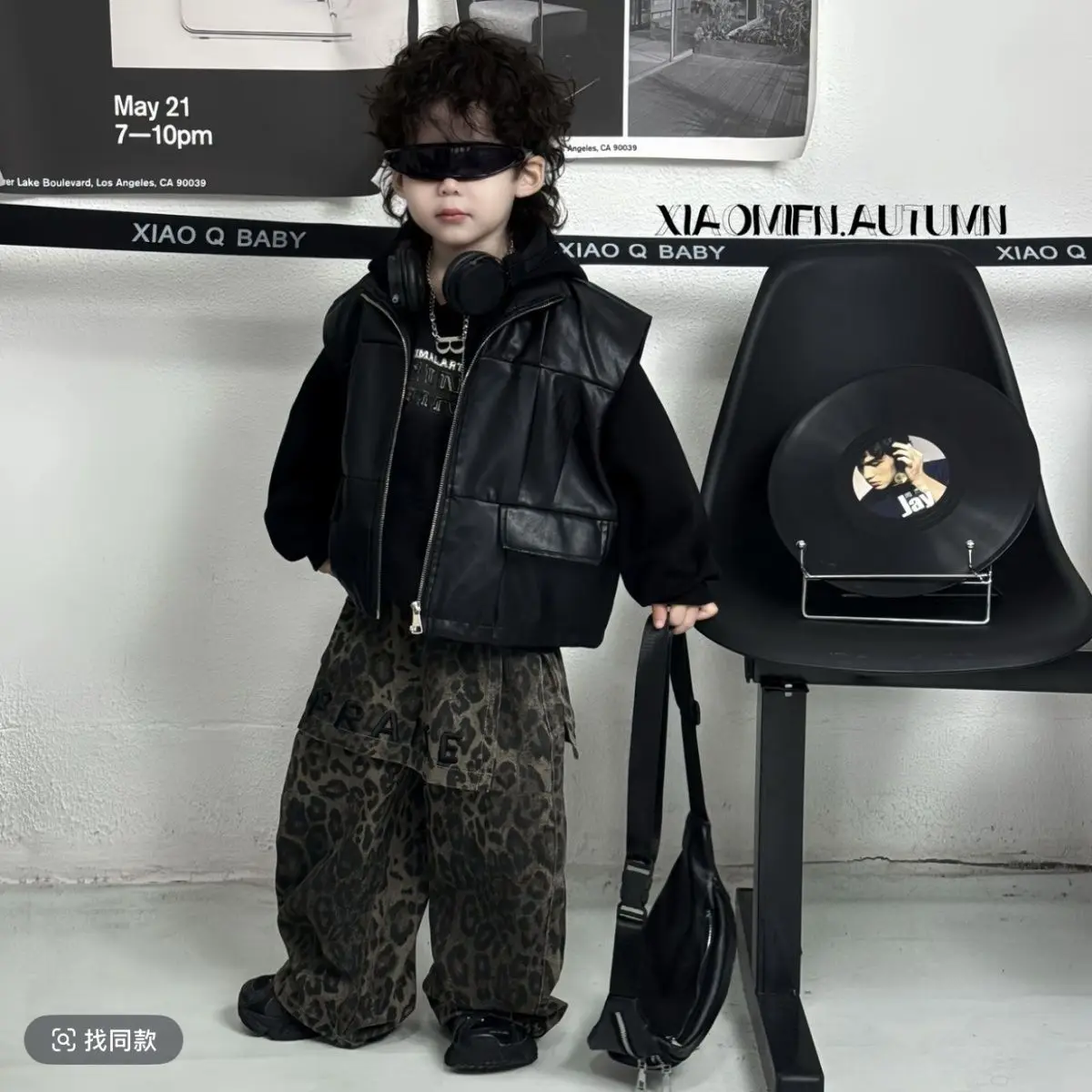 Fashion Children Winter Autumn Warm Boys Clothes Set Leather vest+ Hooded Top +Leopard print Pants 3Pcs Kids Handsome Suits