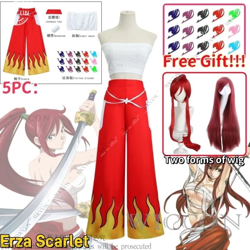 

Erza Scarlet Fairy Anime Cosplay Costume Wig Tail Woman Battle Dress Japanese Pants White Tops Red Cool Set Tail Tattoo Sticker