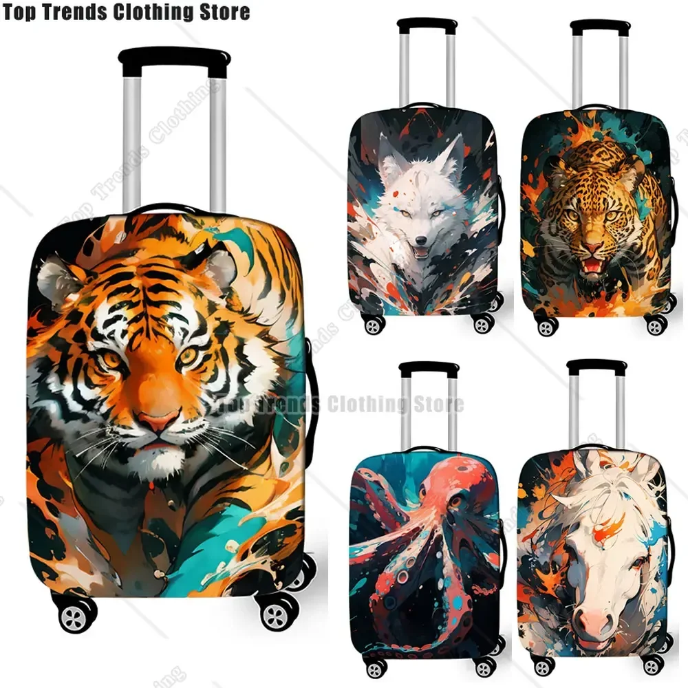 Paint Splatter Tiger Wolf Horse Octopus Luggage Cover for Travel Watercolor Suitcase Protective Cover Elastic Trolley Case Cover